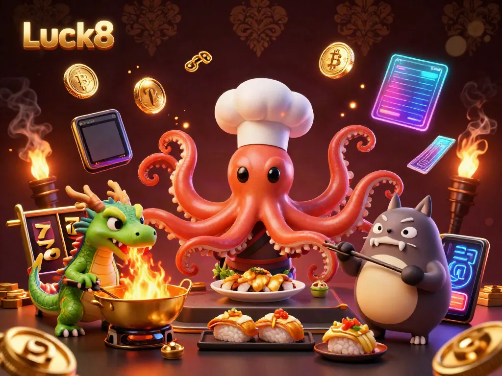 Witness Luck8's vibrant casino scene as octopuses prepare golden dishes while players spin the slots.