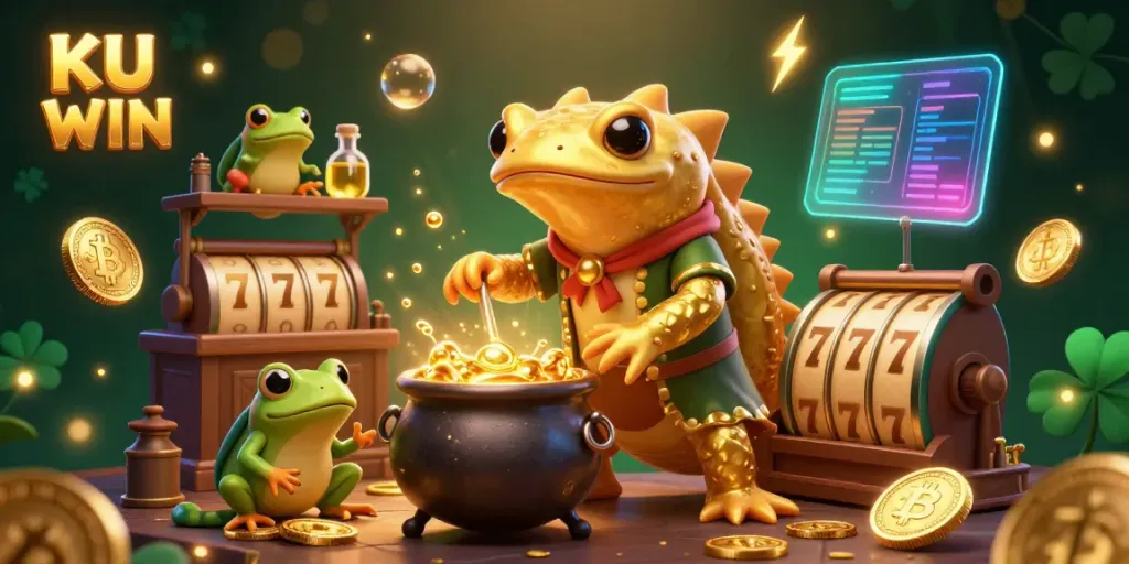 Engage in thrilling gameplay at KU WIN with vibrant gold coins, slot reels, and enchanting characters.