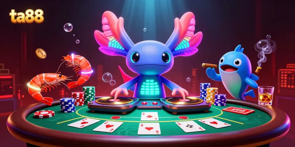 Experience the thrilling world of ta88 with a neon axolotl DJ and dynamic poker scene under glowing water.