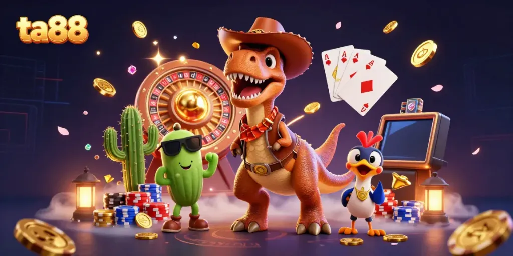Engage in ta88 gaming fun with a dynamic cowboy dinosaur, poker chips, and golden coins.