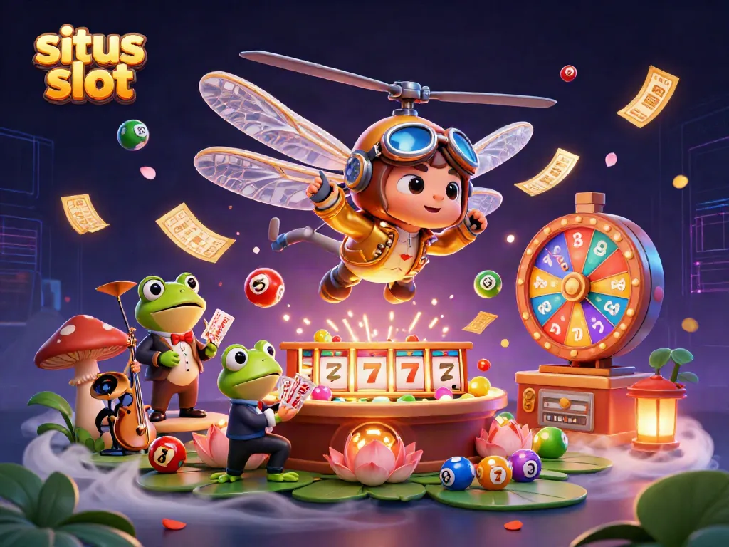 Situs slot featuring an animated dragonfly pilot and frog dealer in a vibrant casino environment with dynamic game elements.