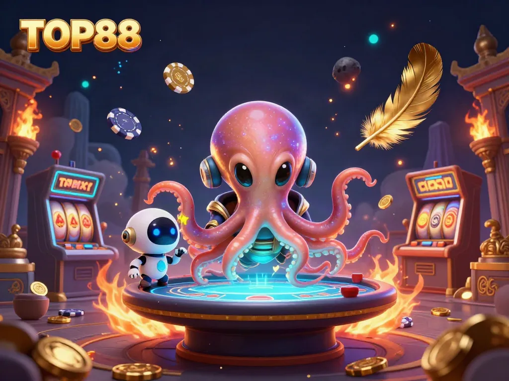 Play poker and spin the reels with TOP88 in a vibrant, cosmic casino scene.